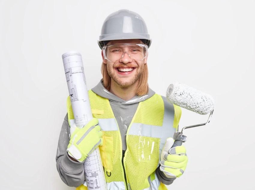 A man on hard hat, holding a drawing plan and paint brush tool