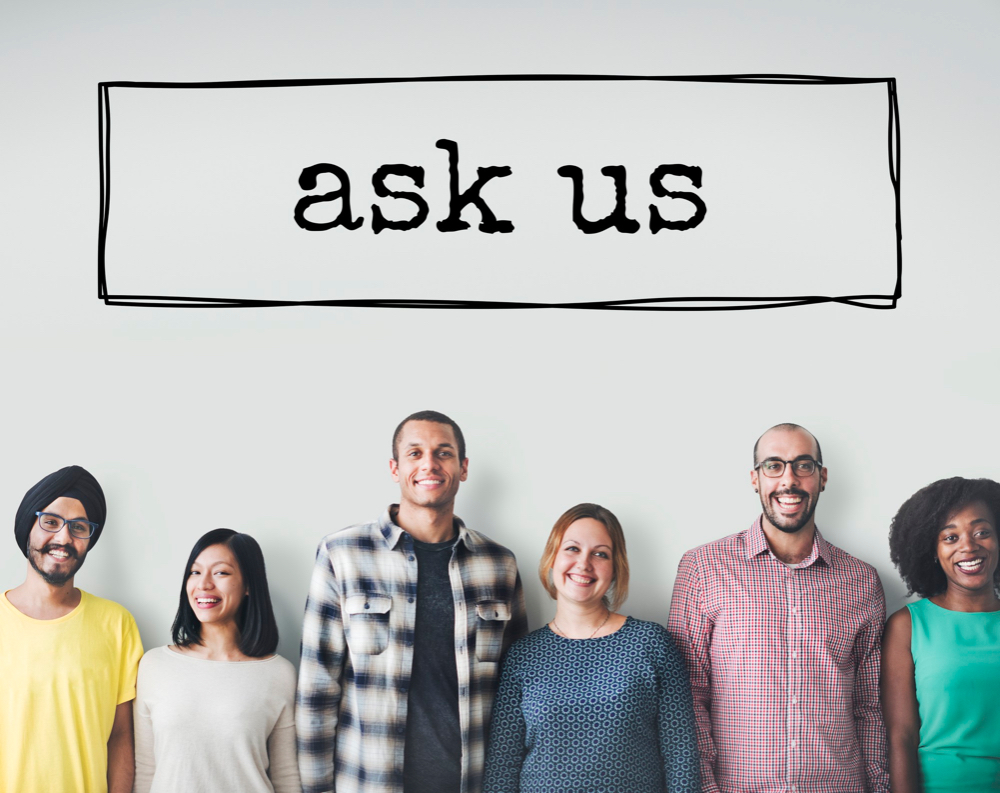 A group of marketers for backlinks for c2c business campaign, with 'ask us' slogan above them.