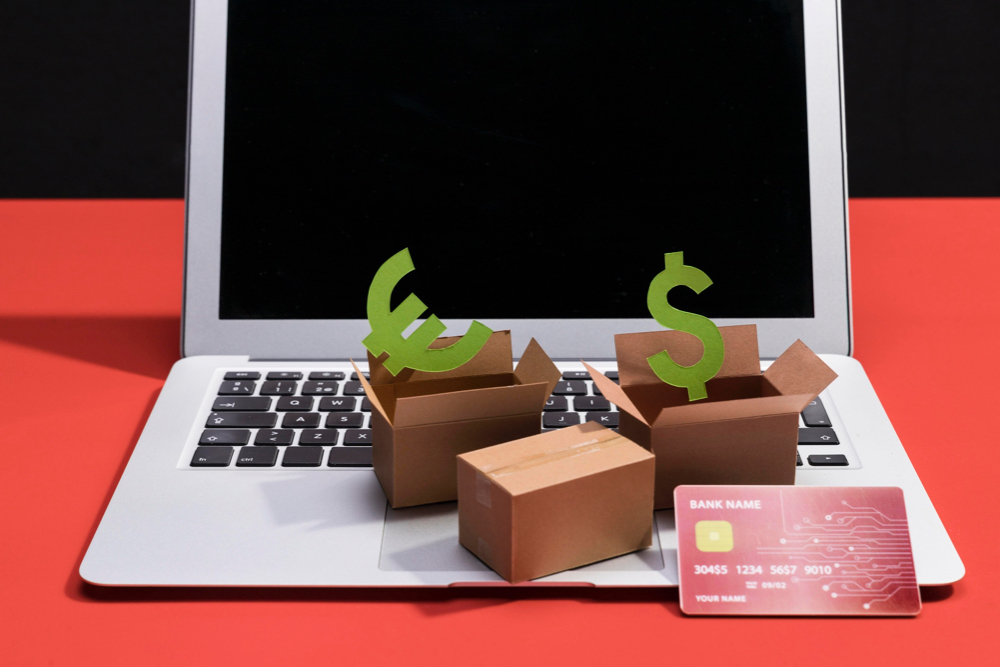 A C2C business concept for driving more traffic for your C2C business, with a green dollar sign above of little shopping boxes, placed on top of a laptop.