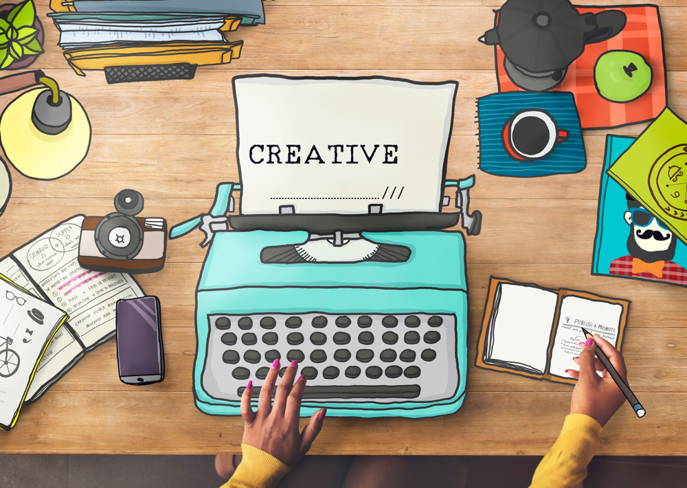 A colorful cartooned concept of creative copywriting.
