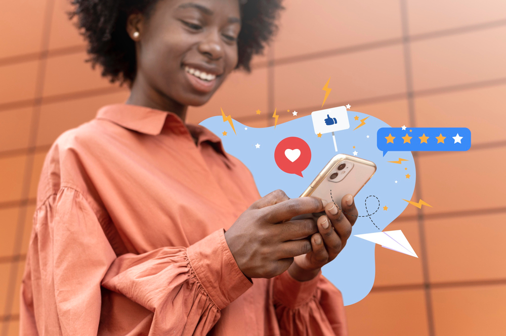 A happy customer leaving a 4-start review from her latest online purchase, using her smartphone.