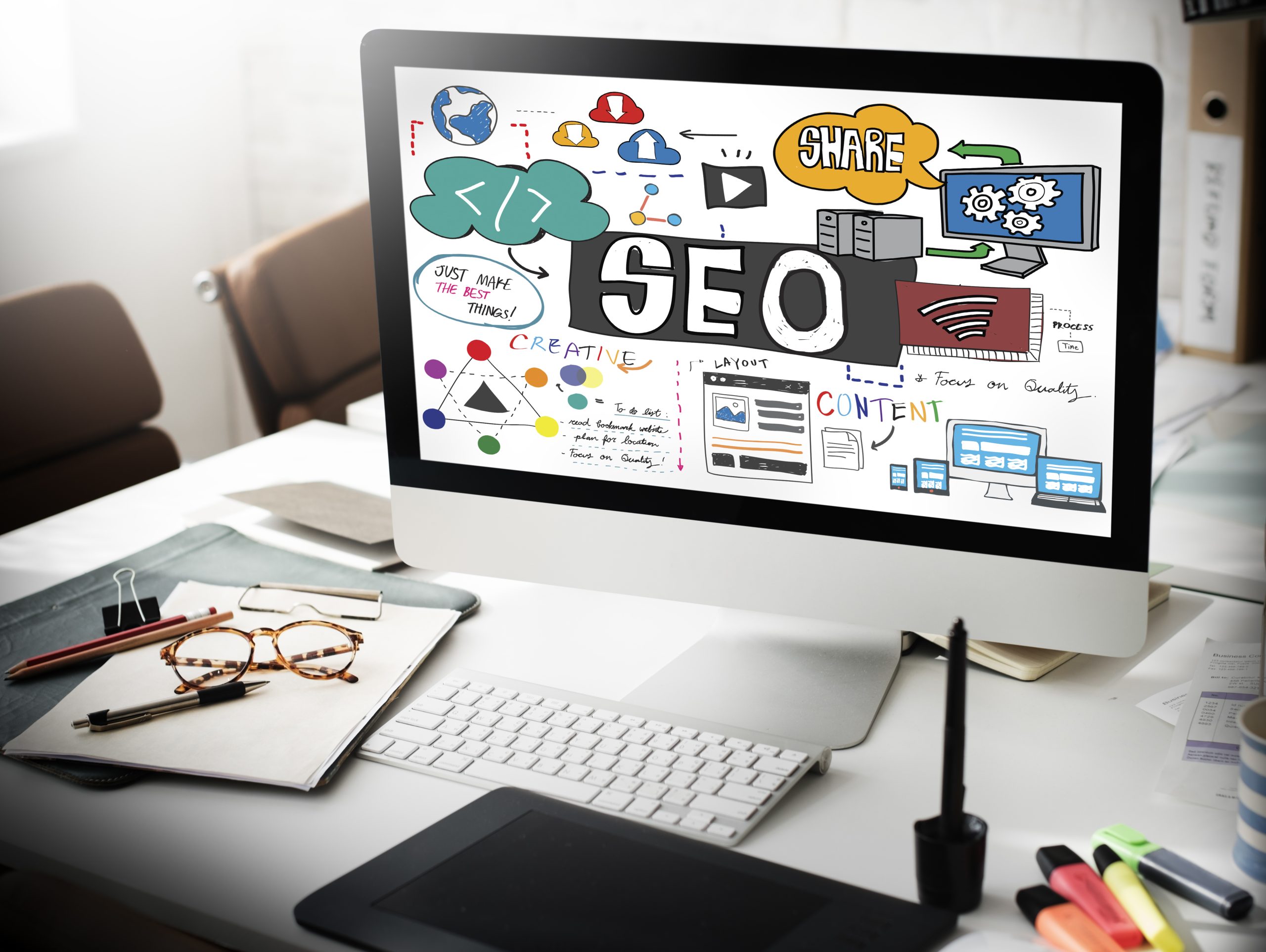 A graphic on SEO marketing strategy on a computer screen.