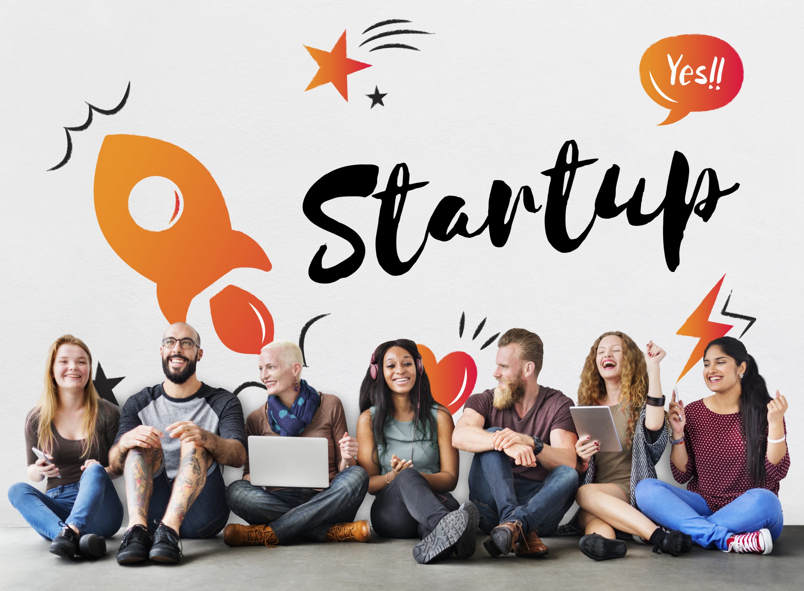 A startup business graphics with a group of young business people.