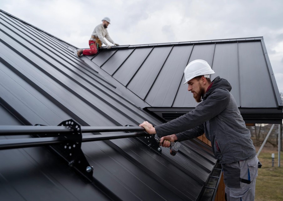 Two roofers in action on top of a black roof.
