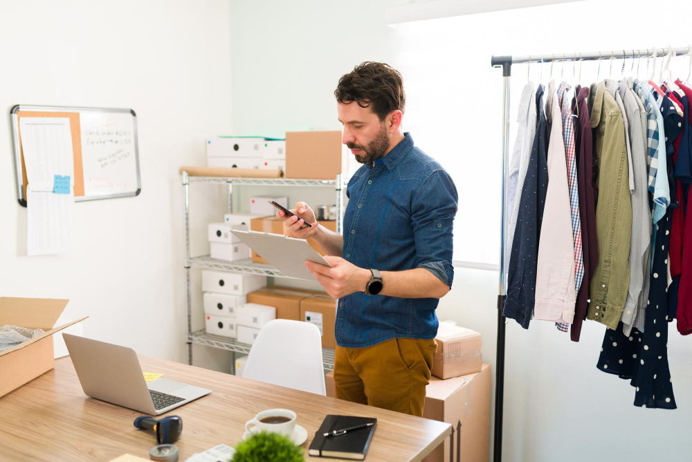 A small business owner in casual suit, texting while holding a note board, inside his retail shop.