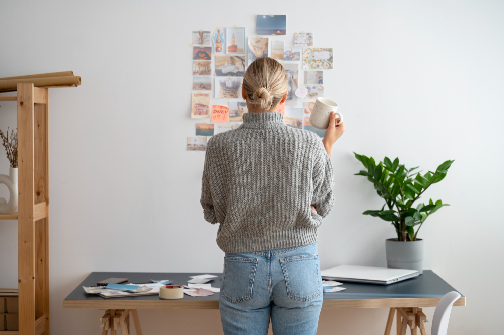 Back view of an interior designer, facing a wall of beautiful design photos, while holding a cup of coffee.