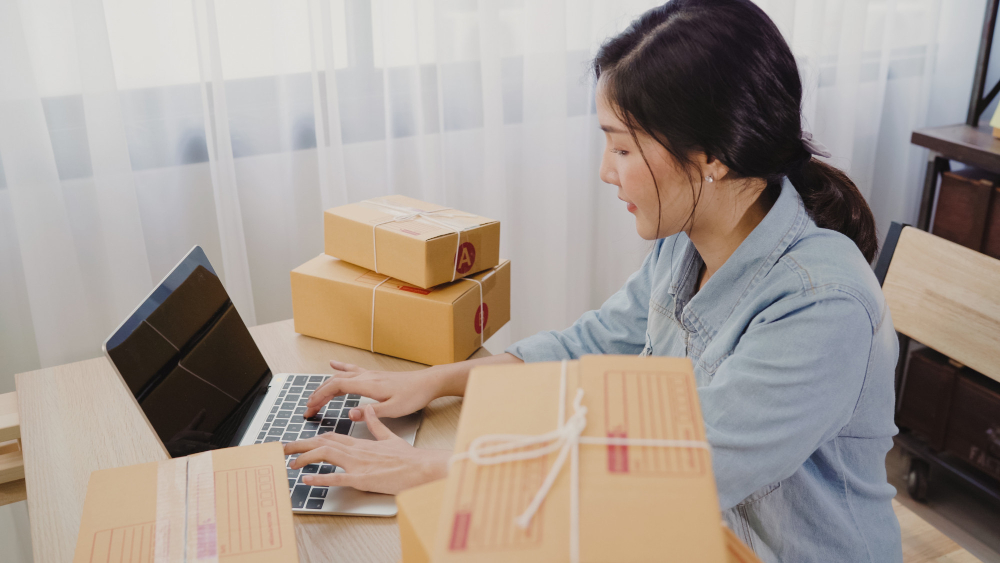 A young entrepreneur checking on her website store using a laptop, with shipping boxes on each side.