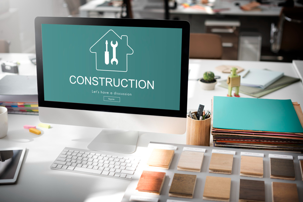 A construction website design, laid out in bluegreen and white logo, displayed on a desktop computer screen.