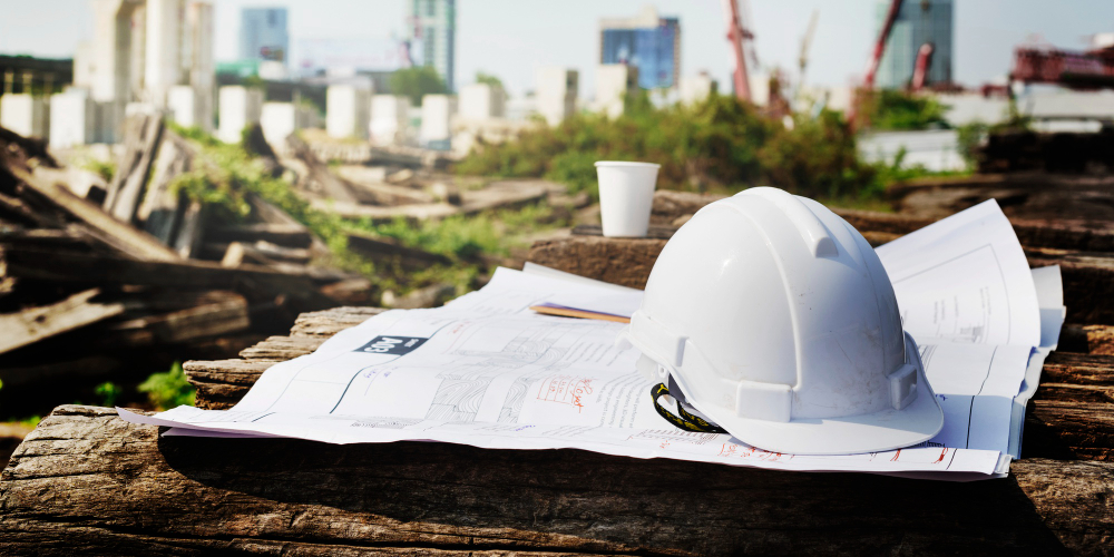 A drawing plan and white hard hard placed on top of piled logs, in a construction site.