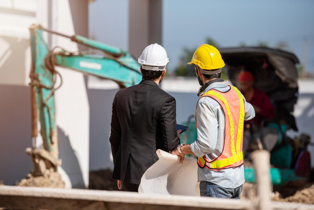 Back view shot of two engineers, discussing on SEO strategies for scaffolding services strategy, in a construction site.