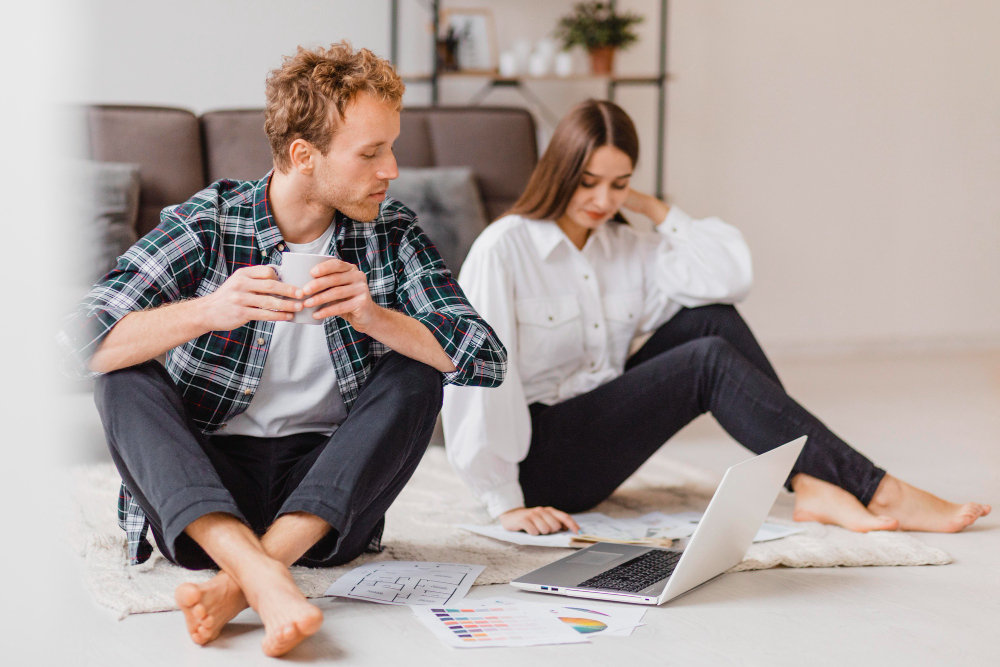 Two interior designers planning for a social media for home and decor campaign, with a laptop and colour palettes laid out on the floor.