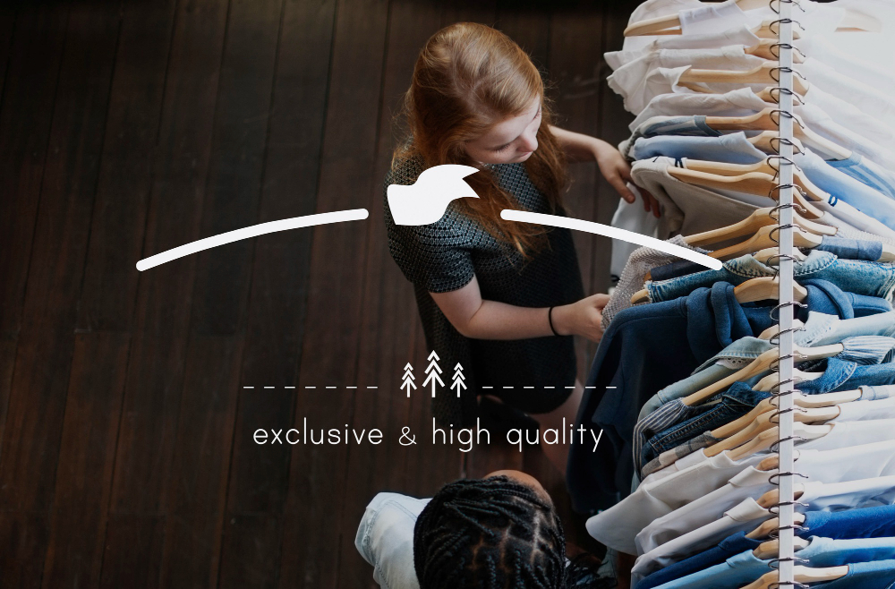 An overlay design for a fashion brand website, while a young woman checking on some clothing hanging on the racks and assisted by a staff.