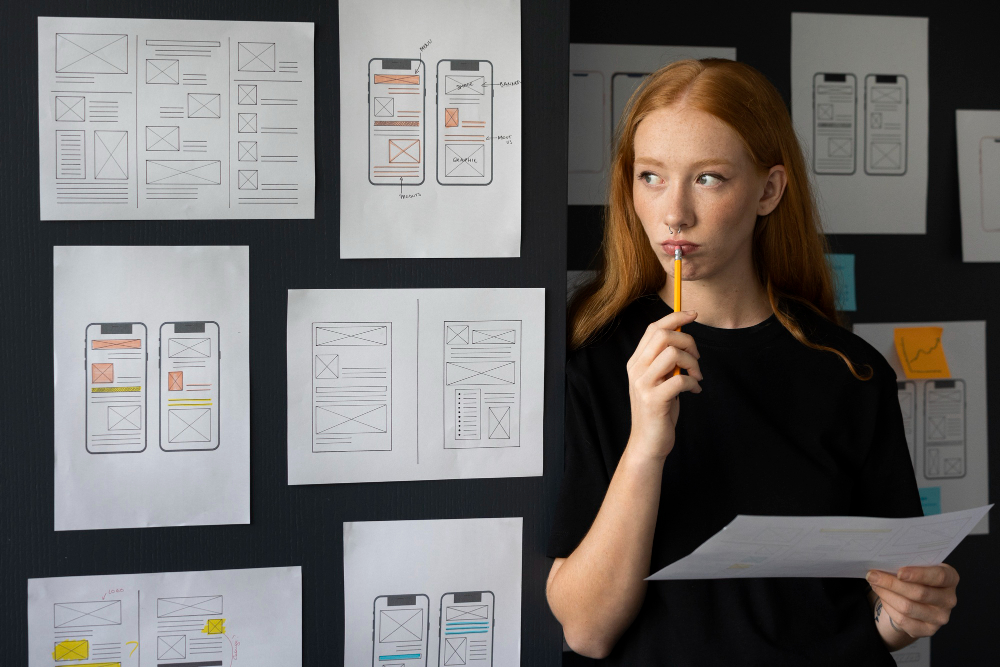 A web designer taking notes on the impact of UX for website SEO, with design layouts printed on papers on the background.