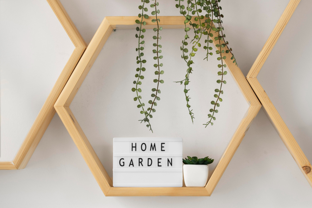A cozy, aesthetic home decor in white, neutral colors, with hanging geometric organizers.