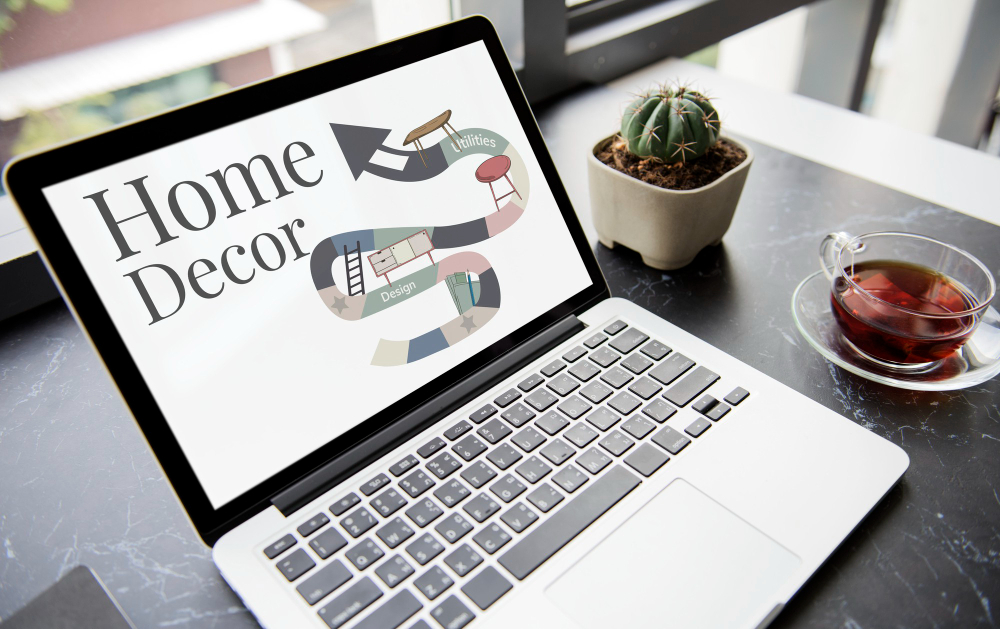 A website design for home & decor business in Sydney, shown on laptop screen, placed on top of working table, with a cup of tea on the right side.