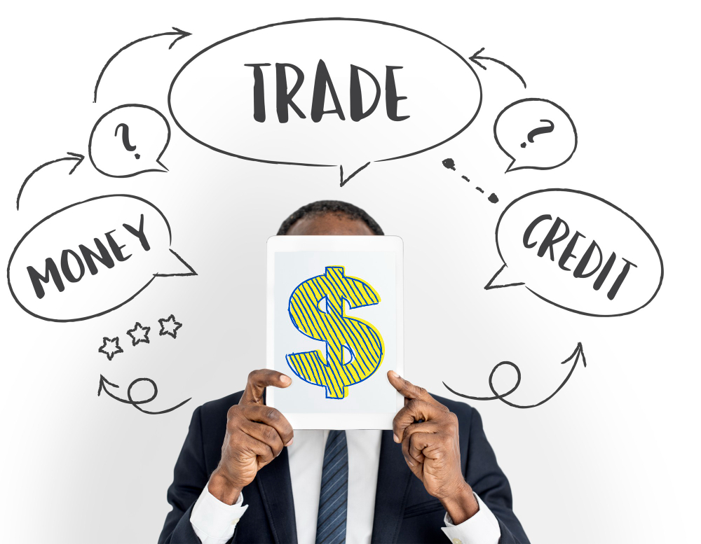 Trade and investment concept, with a business man in formal suit, holding a green dollar sign drawn in white cardboard, covering his face.
