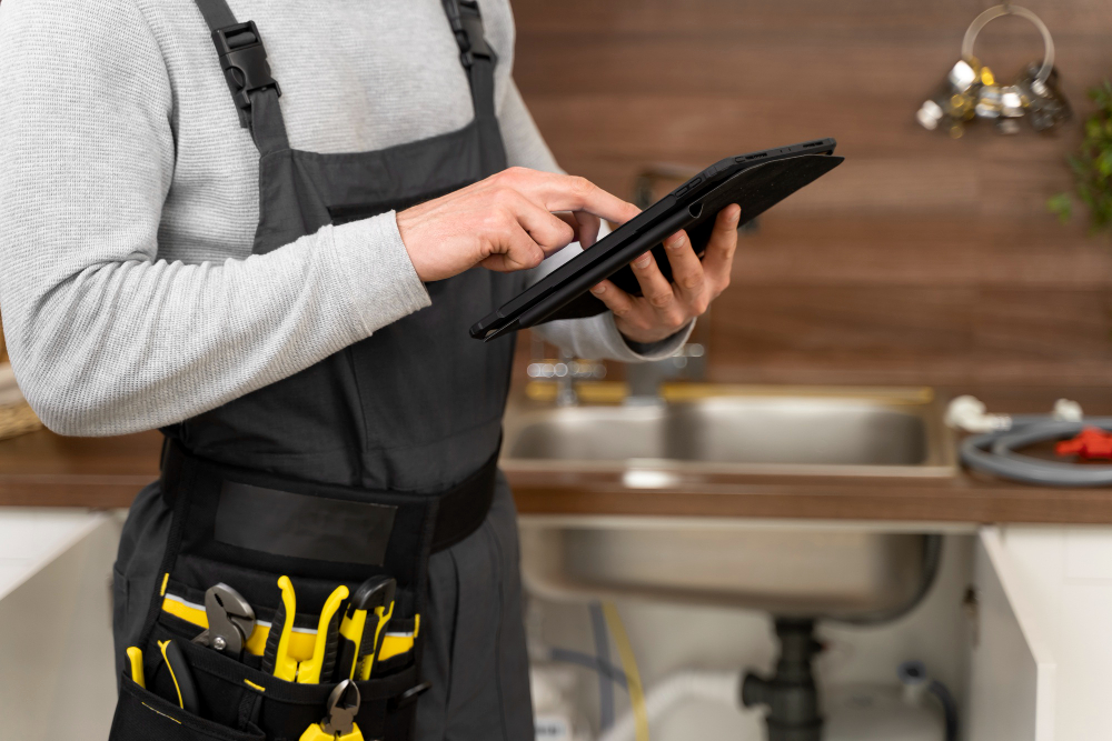 A plumber checking his website while working in the kitchen sink, using his tablet.