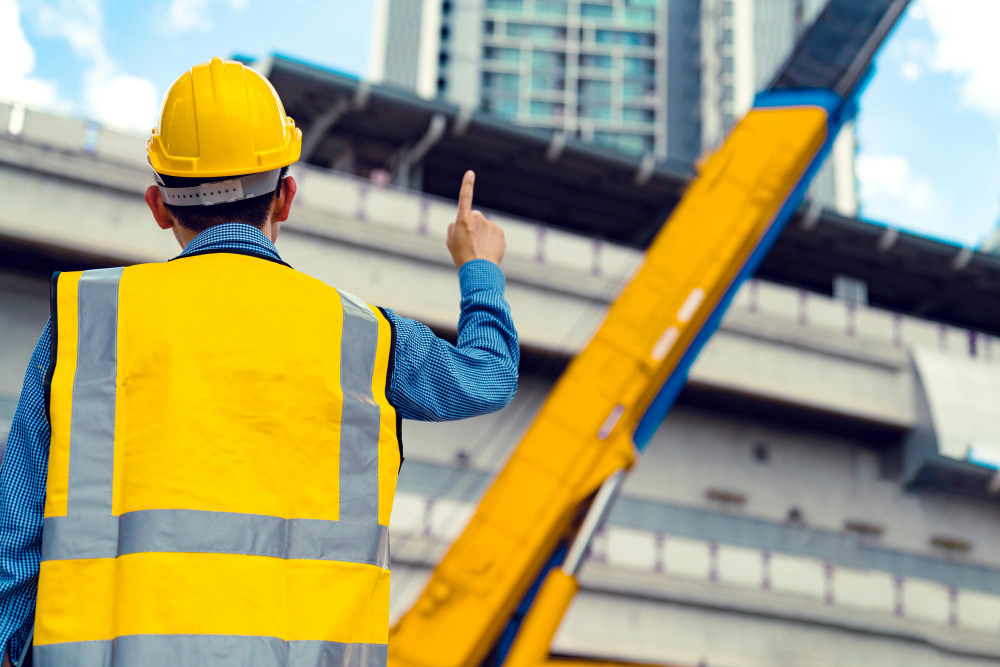 Back view of an engineer in yellow reflector and hard hat, pointing on to a scaffolding installation in a construction site.