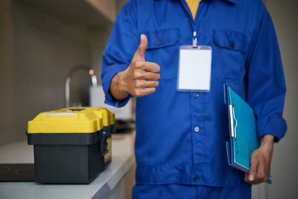 A portrait of a plumber in blue onesie, doing an ok sign, while holding a clip board, with tool box on the left side.