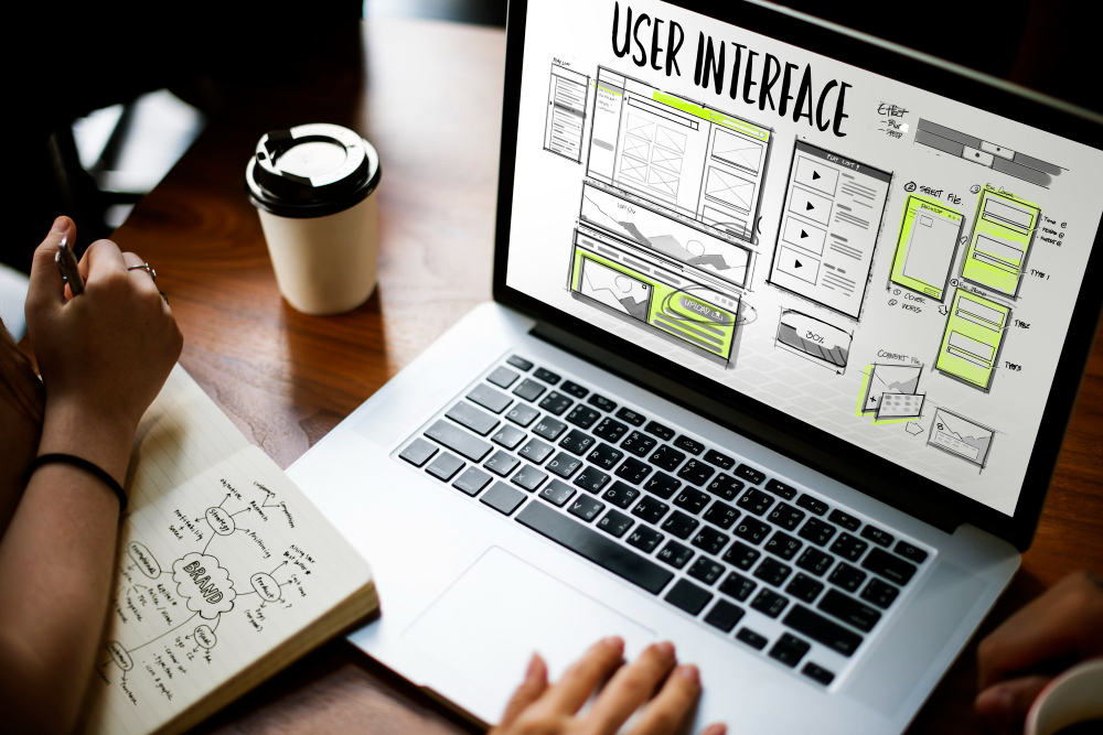 Hands working on a user interface web design layout, shown on a laptop screen, with a cup of coffee on the left side of the table.